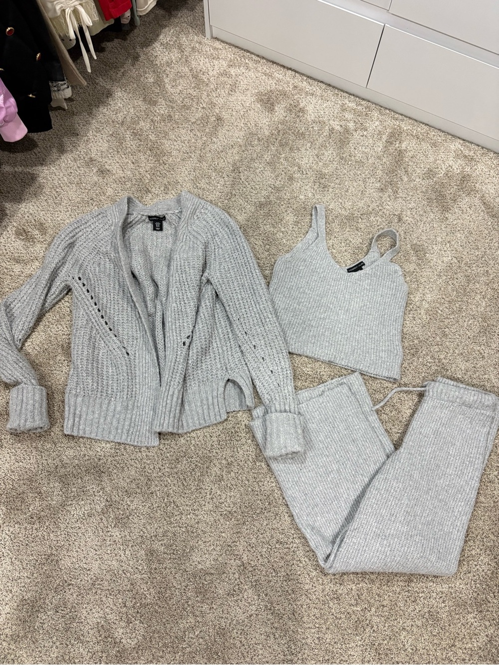 Sincerely Jules Light Gray Ribbed Knit Cardigan, Tank & Pants Set